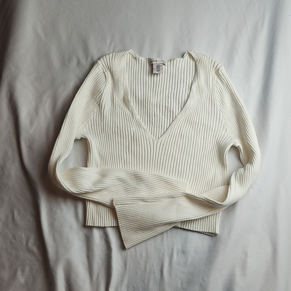 Sincerely Jules Ribbed Wrap Crop Sweater Ivory Long Sleeve Women's Size XL